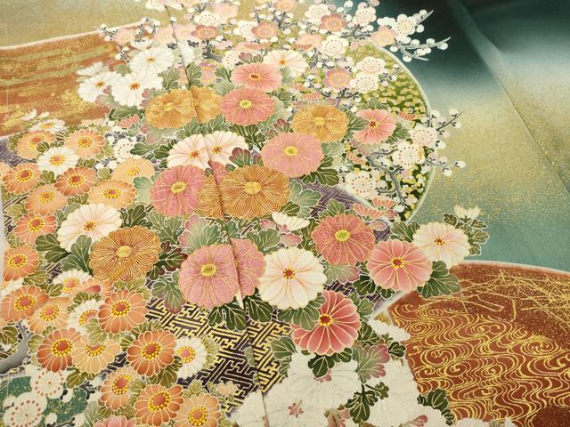 平和屋着物●京友禅の第一人者 松井青々 黒留袖 駒刺繍 地紙花丸文 上代180万 浜ちりめん 金銀彩 仮絵羽 正絹 逸品 未使用 AABE3431ck