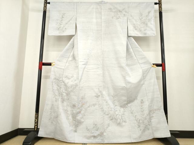 平和屋着物●訪問着　紬地　手描き　草花文　正絹　逸品　AABE3457ck