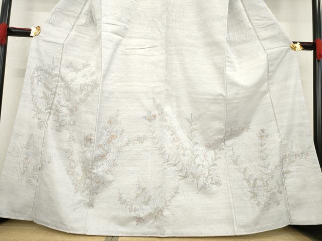 平和屋着物●訪問着　紬地　手描き　草花文　正絹　逸品　AABE3457ck