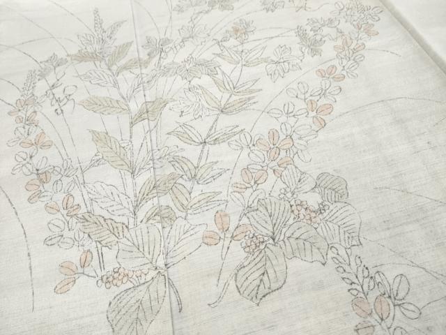 平和屋着物●訪問着　紬地　手描き　草花文　正絹　逸品　AABE3457ck