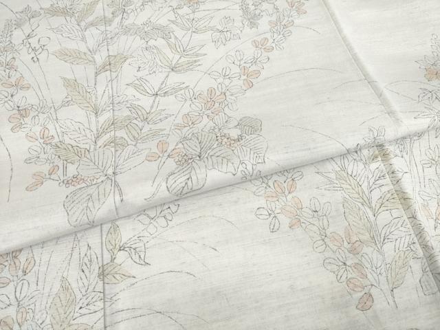 平和屋着物●訪問着　紬地　手描き　草花文　正絹　逸品　AABE3457ck