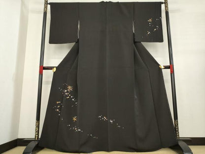 平和屋着物●訪問着　竹屋町刺繍　沢瀉　黒地　金彩　正絹　逸品　AABE3464ck
