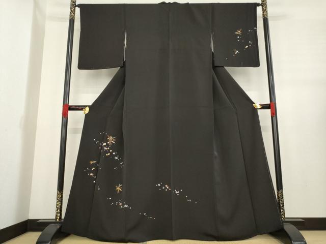 平和屋着物●訪問着　竹屋町刺繍　沢瀉　黒地　金彩　正絹　逸品　AABE3464ck