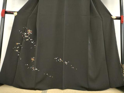 平和屋着物●訪問着　竹屋町刺繍　沢瀉　黒地　金彩　正絹　逸品　AABE3464ck
