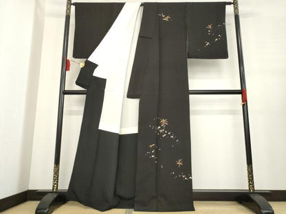 平和屋着物●訪問着　竹屋町刺繍　沢瀉　黒地　金彩　正絹　逸品　AABE3464ck