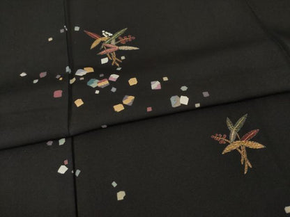 平和屋着物●訪問着　竹屋町刺繍　沢瀉　黒地　金彩　正絹　逸品　AABE3464ck