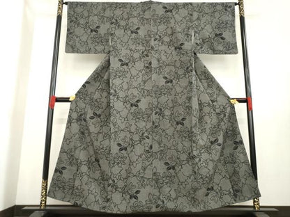 平和屋着物●お召　草花文　黒地　正絹　逸品　AABE3467ck