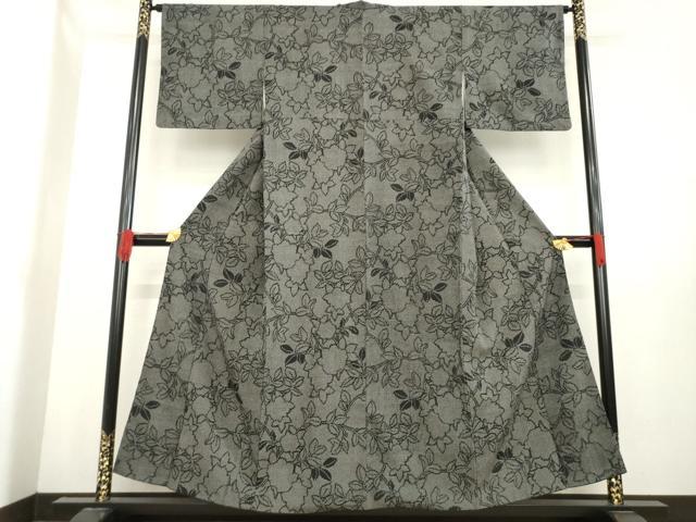 平和屋着物●お召　草花文　黒地　正絹　逸品　AABE3467ck