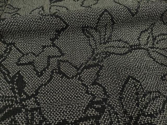 平和屋着物●お召　草花文　黒地　正絹　逸品　AABE3467ck