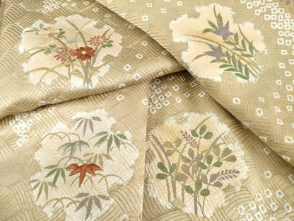 平和屋着物●訪問着 絞り 雪輪草花文 金彩 正絹 逸品 AABE3472ck