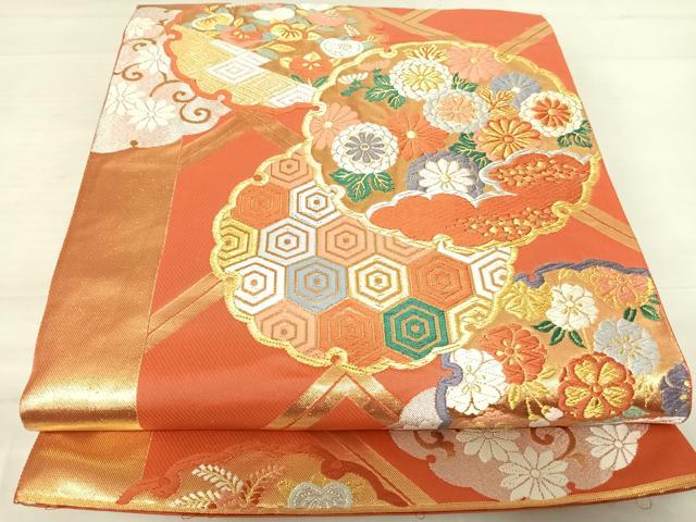 平和屋着物◎六通柄袋帯 唐織 雪輪花文 金銀糸 正絹 逸品 AABE3481yx