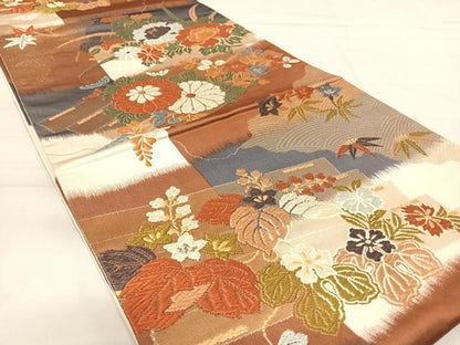 平和屋着物◎六通柄袋帯　唐織　花筏文　金銀糸　正絹　逸品　AABE3485yx
