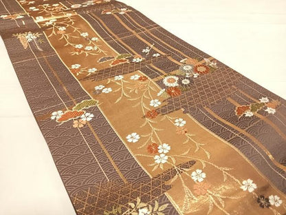 平和屋着物◎六通柄袋帯　唐織　格子枝垂れ花文　金糸　正絹　逸品　AABE3488yx