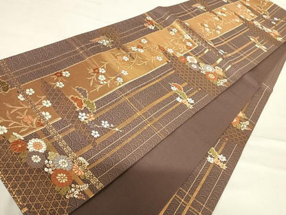 平和屋着物◎六通柄袋帯　唐織　格子枝垂れ花文　金糸　正絹　逸品　AABE3488yx
