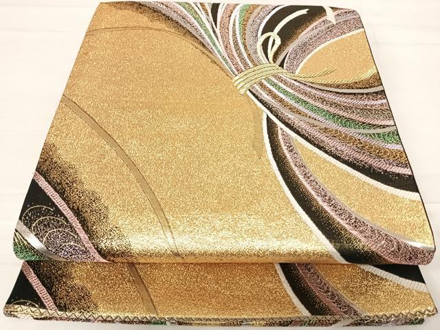 平和屋着物◎六通柄袋帯 束ね熨斗文 黒地 金銀糸 正絹 逸品 AABE3489yx