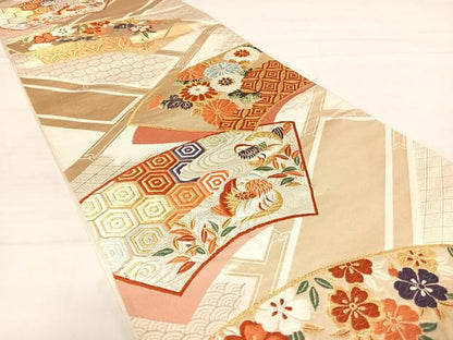 平和屋着物◎六通柄袋帯　唐織　地紙花鳥文　金糸　正絹　逸品　AABE3490yx