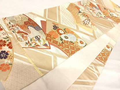 平和屋着物◎六通柄袋帯　唐織　地紙花鳥文　金糸　正絹　逸品　AABE3490yx