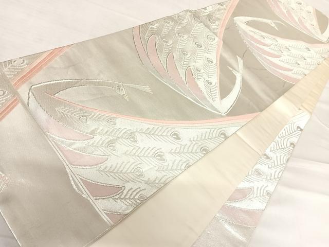 平和屋着物◎六通柄袋帯 唐織 孔雀文 銀糸 正絹 逸品 AABE3500yx