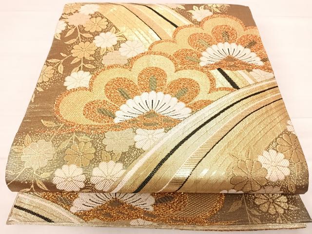 平和屋着物◎佐賀錦　全通柄袋帯　流線花文　金糸　正絹　逸品　AABE3504yx