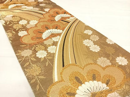 平和屋着物◎佐賀錦　全通柄袋帯　流線花文　金糸　正絹　逸品　AABE3504yx