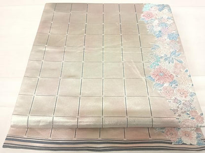 平和屋着物◎六通柄袋帯 作家物 格子花文 銀糸 正絹 逸品 AABE3505yx