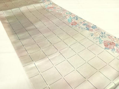 平和屋着物◎六通柄袋帯 作家物 格子花文 銀糸 正絹 逸品 AABE3505yx