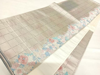 平和屋着物◎六通柄袋帯 作家物 格子花文 銀糸 正絹 逸品 AABE3505yx