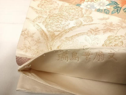 平和屋着物◎六通柄袋帯 唐織 瑞鳥華扇文 金糸 正絹 逸品 AABE3510yx
