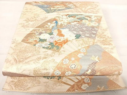 平和屋着物◎六通柄袋帯 唐織 瑞鳥華扇文 金糸 正絹 逸品 AABE3510yx