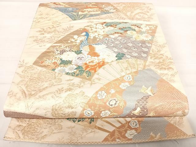 平和屋着物◎六通柄袋帯 唐織 瑞鳥華扇文 金糸 正絹 逸品 AABE3510yx