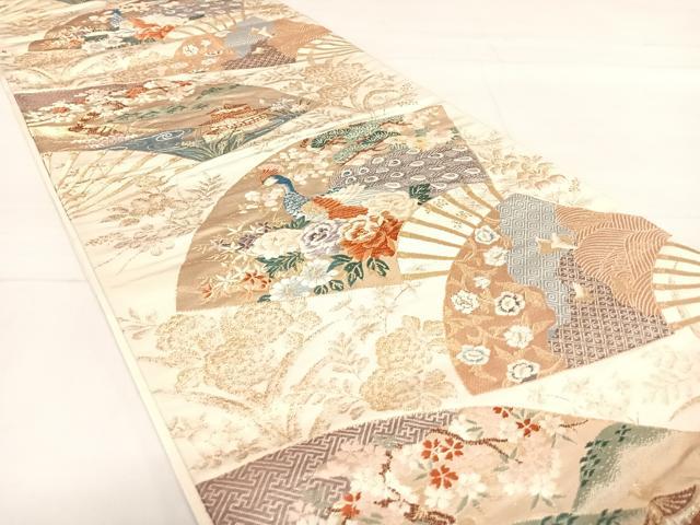平和屋着物◎六通柄袋帯 唐織 瑞鳥華扇文 金糸 正絹 逸品 AABE3510yx