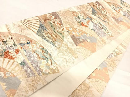 平和屋着物◎六通柄袋帯 唐織 瑞鳥華扇文 金糸 正絹 逸品 AABE3510yx