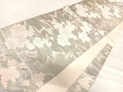 平和屋着物◎六通柄袋帯　草花文　銀糸　正絹　逸品　AABE3522yx
