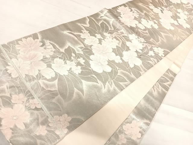 平和屋着物◎六通柄袋帯　草花文　銀糸　正絹　逸品　AABE3522yx