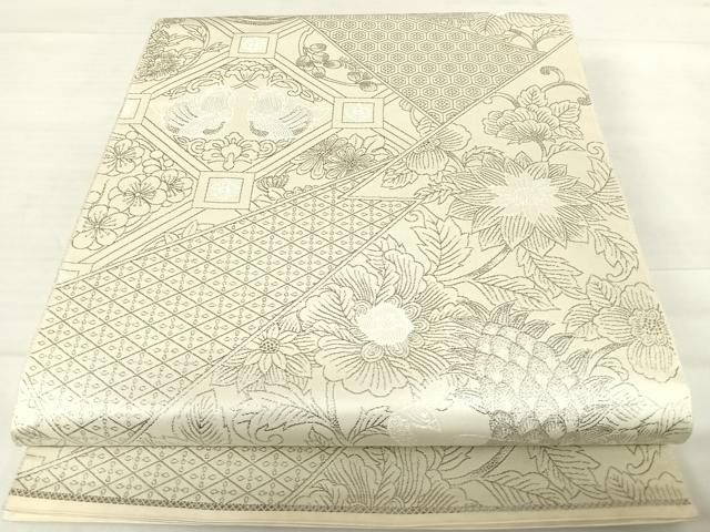 平和屋着物◎六通柄袋帯 九百紋織錦 切嵌孔雀花文 プラチナ箔 正絹 逸品 AABE3530yx