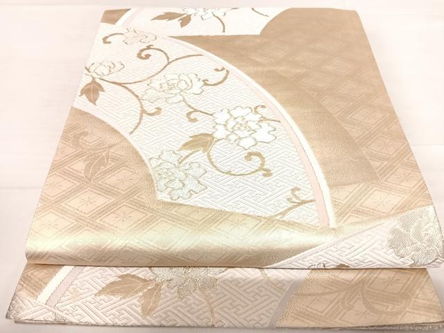 平和屋着物◎六通柄袋帯 唐織 扇面唐花竹菱文様 金糸 正絹 逸品 AABE3533yx