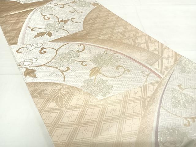 平和屋着物◎六通柄袋帯 唐織 扇面唐花竹菱文様 金糸 正絹 逸品 AABE3533yx