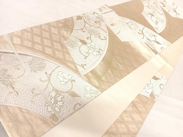 平和屋着物◎六通柄袋帯 唐織 扇面唐花竹菱文様 金糸 正絹 逸品 AABE3533yx