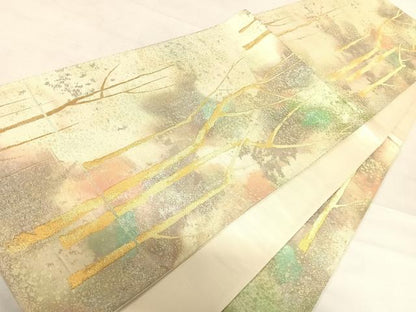 平和屋着物◎六通柄袋帯 樹林文 金糸 正絹 逸品 AABE3535yx