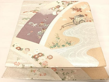 平和屋着物◎六通柄袋帯 飛鶴花文 金銀糸 正絹 逸品 AABE3537yx