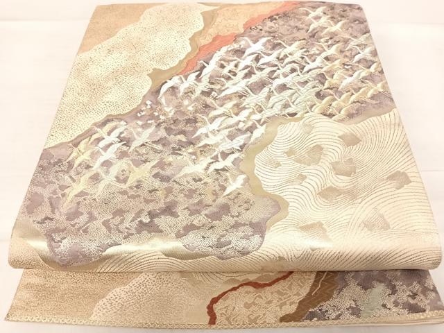 平和屋着物◎六通柄袋帯 唐織 群鶴滄海文 金銀糸 正絹 逸品 AABE3547yx