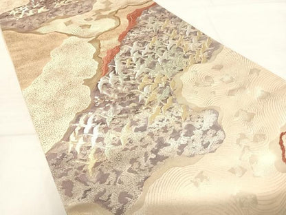 平和屋着物◎六通柄袋帯 唐織 群鶴滄海文 金銀糸 正絹 逸品 AABE3547yx
