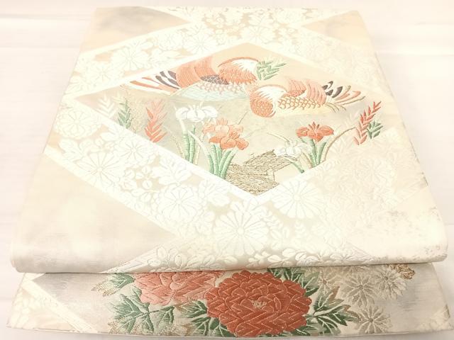 平和屋着物◎六通柄袋帯 唐織 鴛鴦花文 金銀糸 正絹 逸品 AABE3551yx