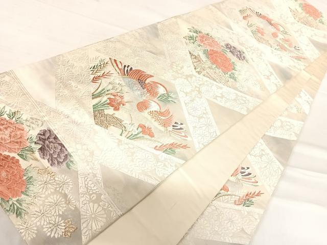 平和屋着物◎六通柄袋帯 唐織 鴛鴦花文 金銀糸 正絹 逸品 AABE3551yx