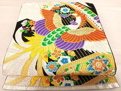 平和屋着物◎六通柄袋帯 唐織 花喰い鳥 鳳凰 黒地 金銀糸 正絹 逸品 AABE3556yx