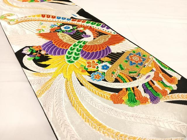 平和屋着物◎六通柄袋帯 唐織 花喰い鳥 鳳凰 黒地 金銀糸 正絹 逸品 AABE3556yx
