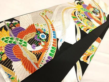 平和屋着物◎六通柄袋帯 唐織 花喰い鳥 鳳凰 黒地 金銀糸 正絹 逸品 AABE3556yx