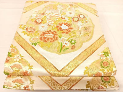 平和屋着物◎六通柄袋帯 唐織 天井花文 金銀糸 正絹 逸品 AABE3558yx