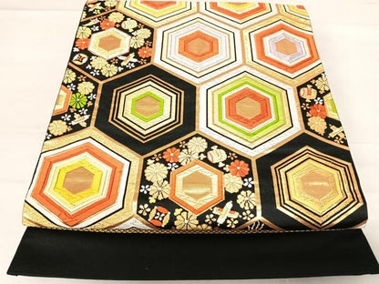 平和屋着物◎六通柄袋帯 唐織 亀甲宝尽くし 黒地 金銀糸 正絹 逸品 AABE3560yx