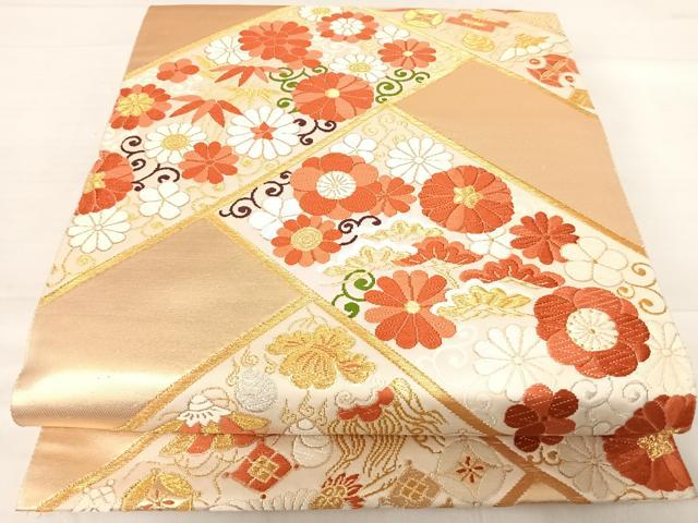 平和屋着物◎六通柄袋帯 唐織 檜垣花鳥文 宝尽くし 金銀糸 正絹 逸品 AABE3562yx